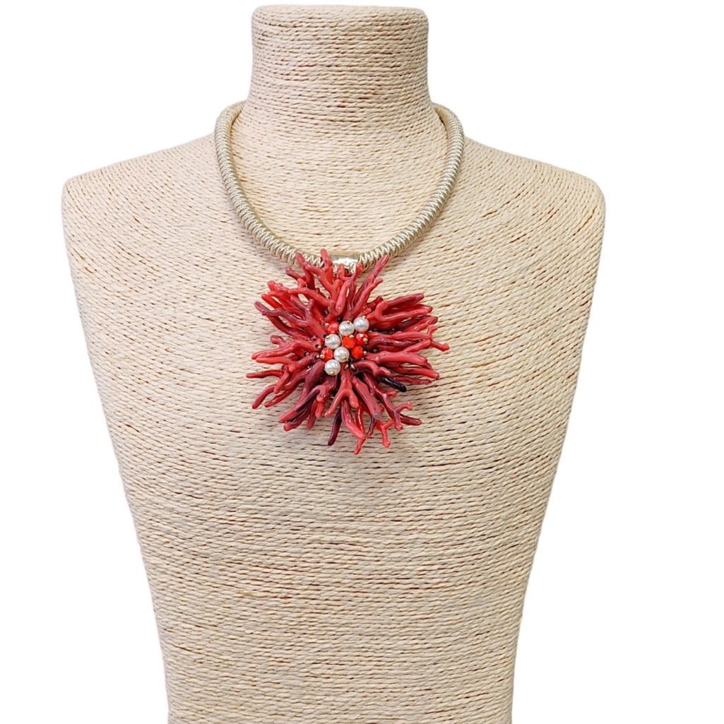 Nwt Gardenia Tropical Red Coral Branch Floral Flower Pendant Necklace
